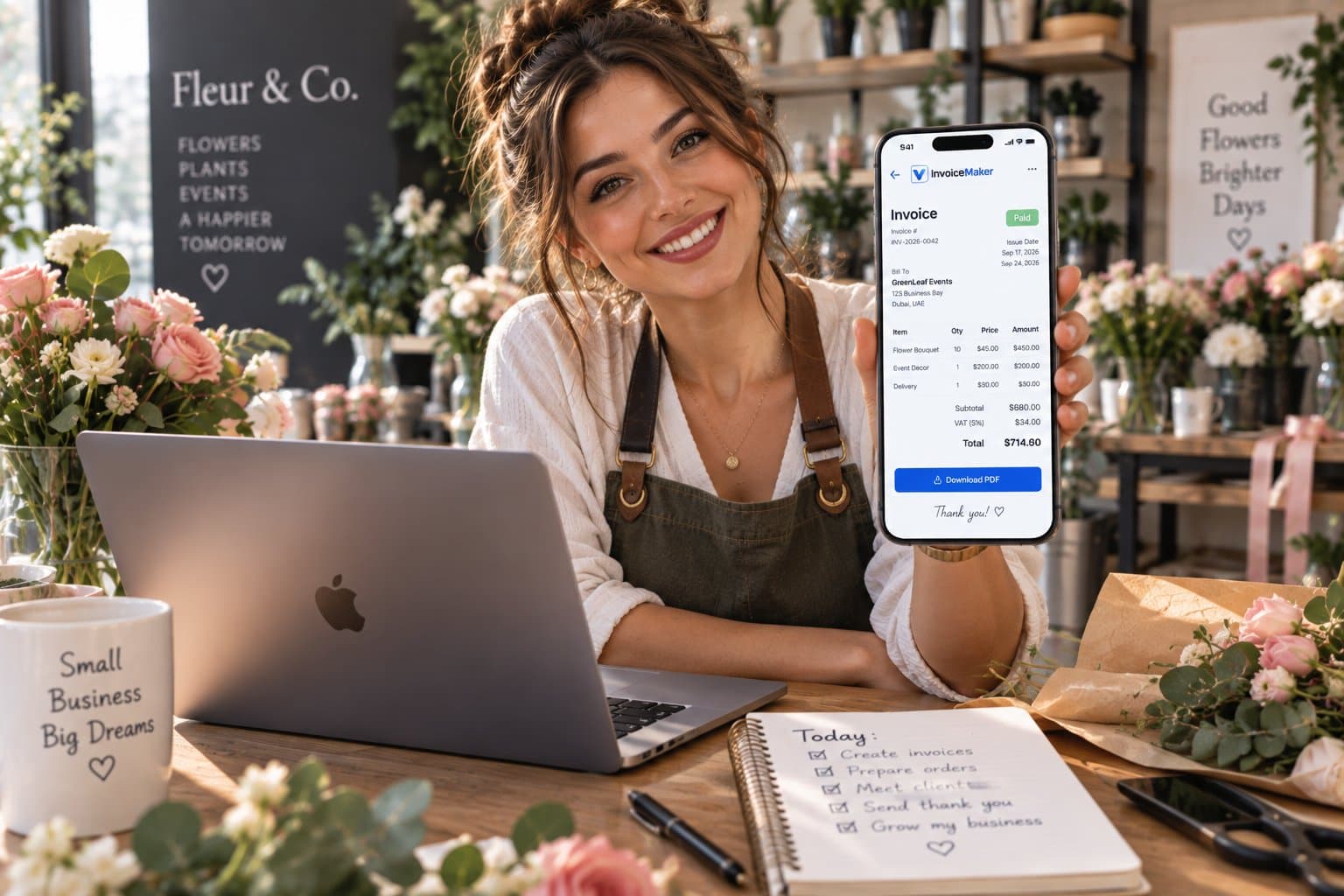 Small business owner using Invoice Maker on her phone
